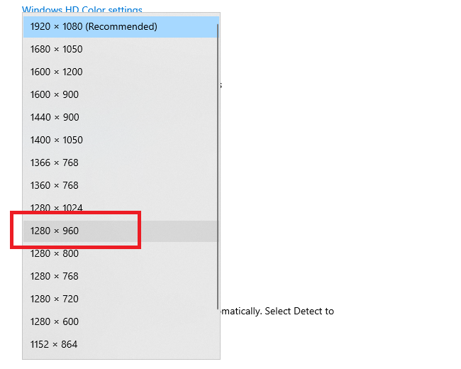 Chọn Display resolution 1280×960