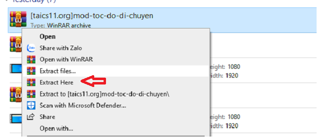 Giải nén file vừa tải về máy
