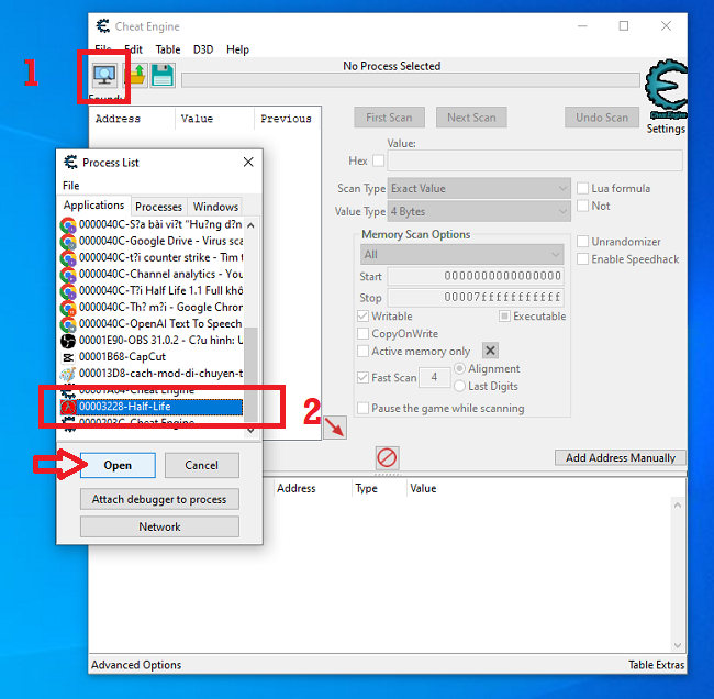 Mở game Half Life trong Cheat Engine