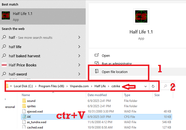 Mở vị trí file game và dán vào tệp "cstrike"