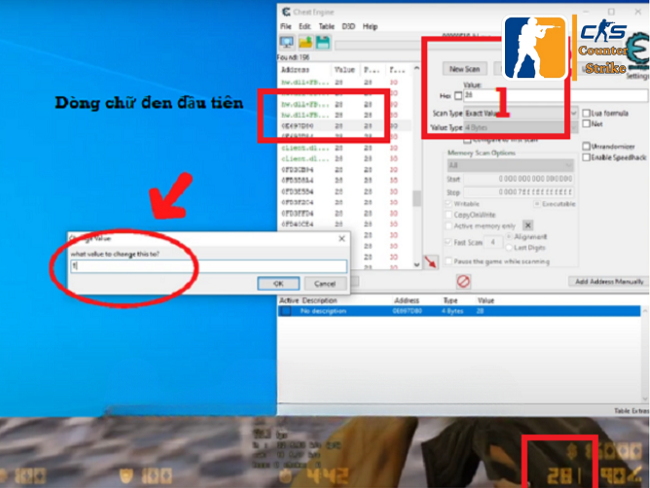 Nhập lượng đạn sau khi bắn và chọn dòng chữ đen đầu tiên
