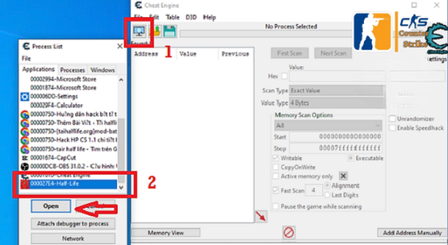 Mở file Half Life trong Cheat Engine